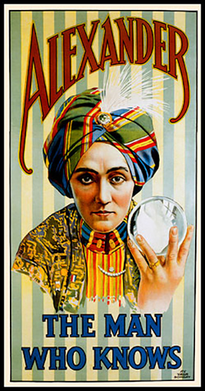 Striped lithograph poster of Alexander the Man Who Knows holding a crystal ball