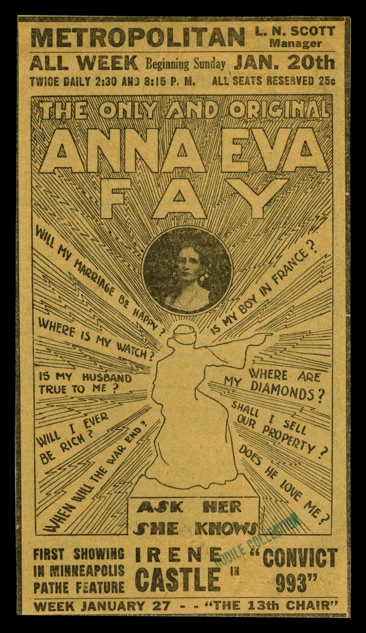 Theatre handbill for Anna Eva Fay's question-and-answer act
