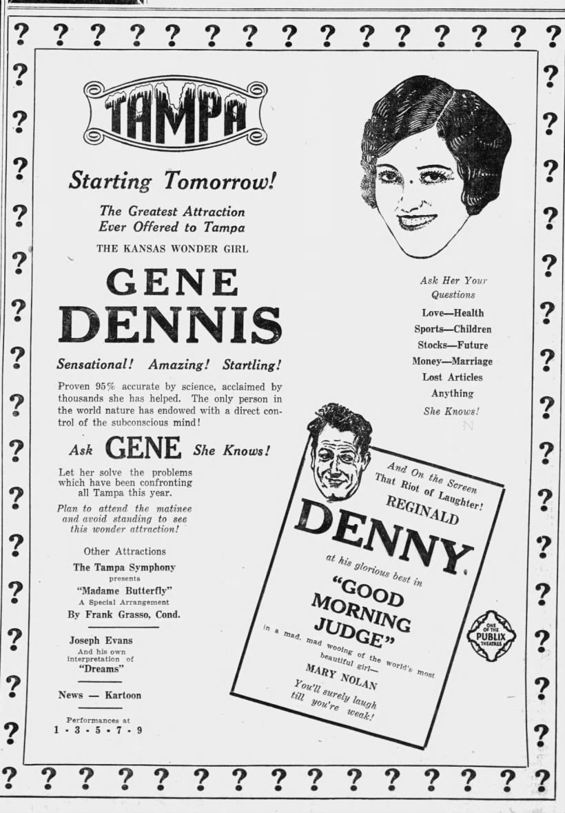 Theatre advertisement: The Kansas Wonder Girl Gene Dennis, Ask Gene She Knows